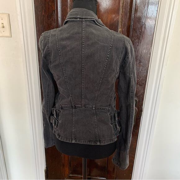 SPRING Free people black denim wash moto zip jacket size 2 goth industrial - Picture 2 of 10